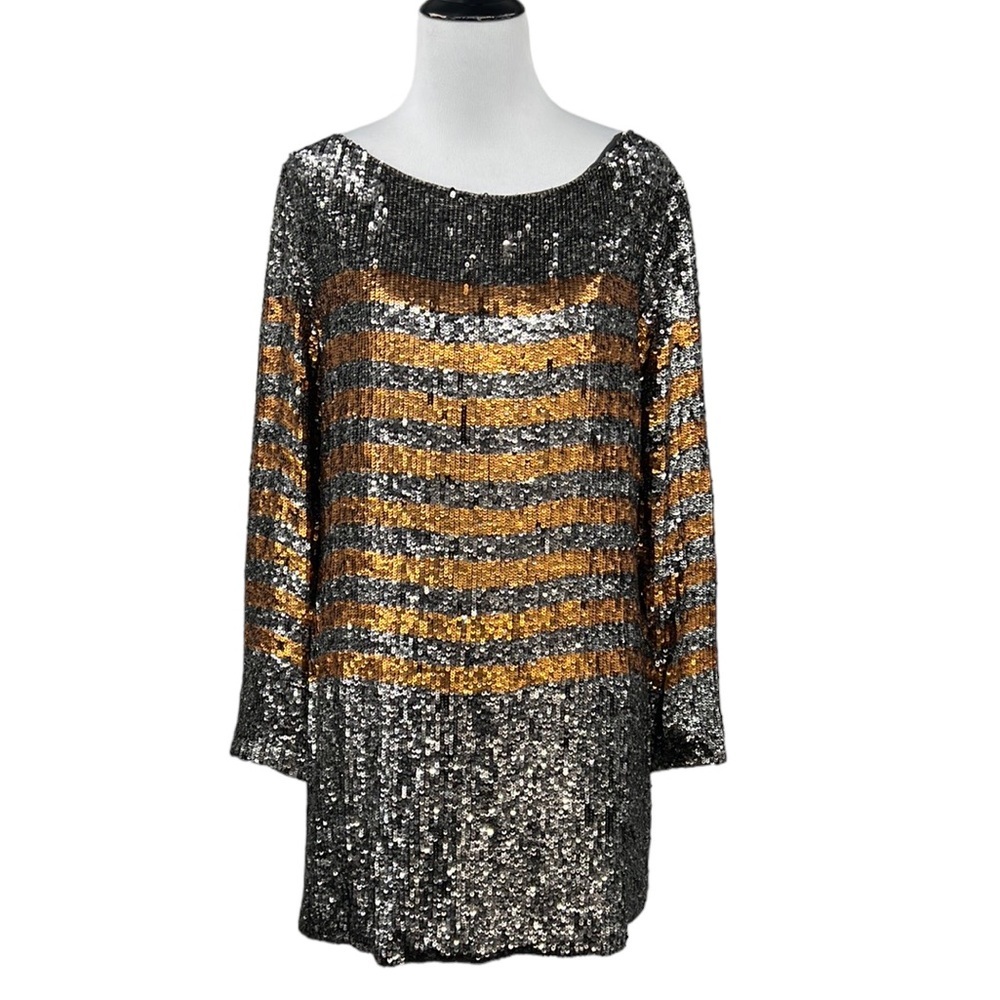Orna Farho Dress Womens 38 Gold Party Gray Sequin Striped Mini Long‎ Sleeve